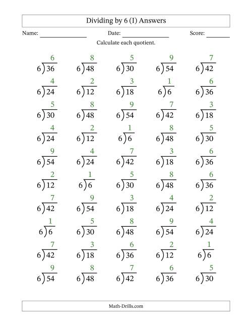 The Division Facts by a Fixed Divisor (6) and Quotients from 1 to 9 with Long Division Symbol/Bracket (50 questions) (I) Math Worksheet Page 2