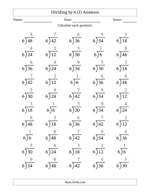 The Division Facts by a Fixed Divisor (6) and Quotients from 1 to 9 with Long Division Symbol/Bracket (50 questions) (J) Math Worksheet Page 2