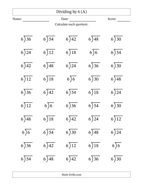 The Division Facts by a Fixed Divisor (6) and Quotients from 1 to 9 with Long Division Symbol/Bracket (50 questions) (All) Math Worksheet