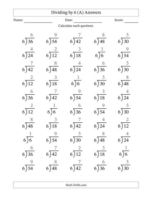 The Division Facts by a Fixed Divisor (6) and Quotients from 1 to 9 with Long Division Symbol/Bracket (50 questions) (All) Math Worksheet Page 2