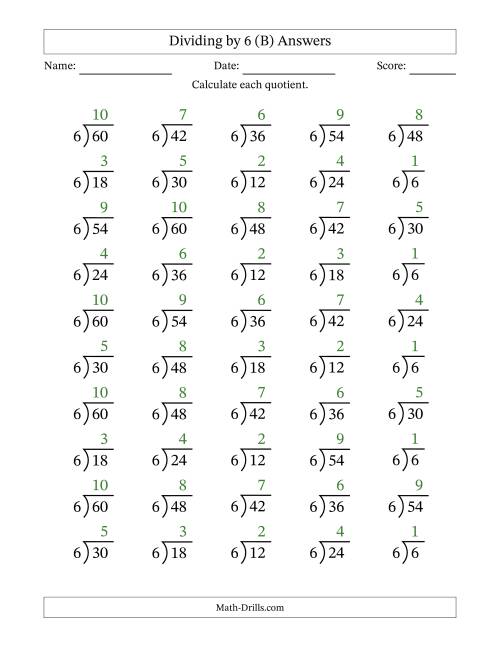 The Division Facts by a Fixed Divisor (6) and Quotients from 1 to 10 with Long Division Symbol/Bracket (50 questions) (B) Math Worksheet Page 2