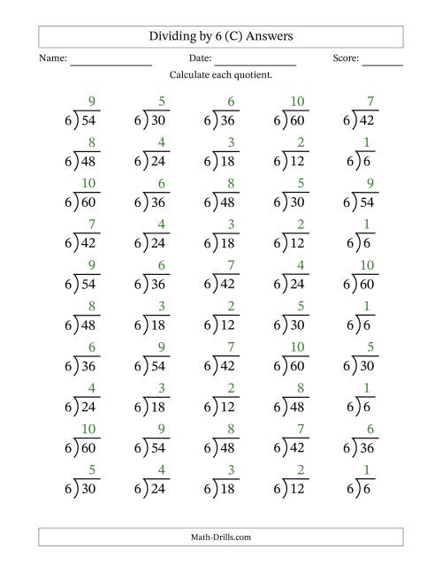 The Division Facts by a Fixed Divisor (6) and Quotients from 1 to 10 with Long Division Symbol/Bracket (50 questions) (C) Math Worksheet Page 2
