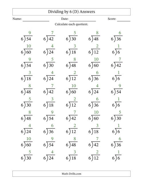 The Division Facts by a Fixed Divisor (6) and Quotients from 1 to 10 with Long Division Symbol/Bracket (50 questions) (D) Math Worksheet Page 2