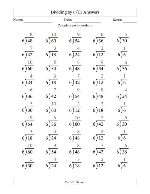 The Division Facts by a Fixed Divisor (6) and Quotients from 1 to 10 with Long Division Symbol/Bracket (50 questions) (E) Math Worksheet Page 2