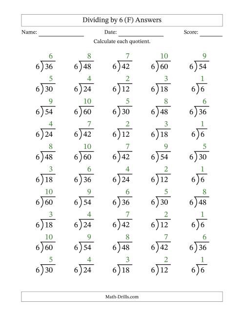 The Division Facts by a Fixed Divisor (6) and Quotients from 1 to 10 with Long Division Symbol/Bracket (50 questions) (F) Math Worksheet Page 2