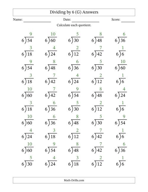The Division Facts by a Fixed Divisor (6) and Quotients from 1 to 10 with Long Division Symbol/Bracket (50 questions) (G) Math Worksheet Page 2
