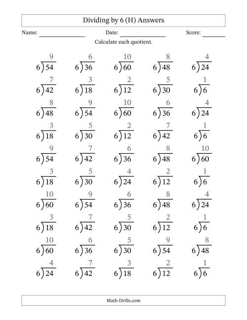 The Division Facts by a Fixed Divisor (6) and Quotients from 1 to 10 with Long Division Symbol/Bracket (50 questions) (H) Math Worksheet Page 2