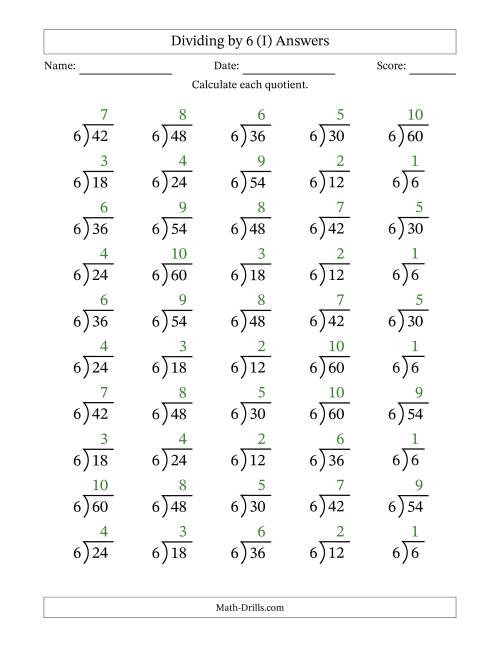 The Division Facts by a Fixed Divisor (6) and Quotients from 1 to 10 with Long Division Symbol/Bracket (50 questions) (I) Math Worksheet Page 2