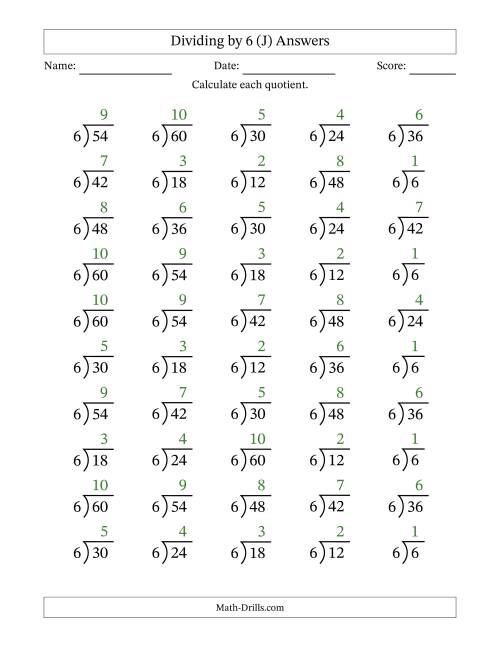 The Division Facts by a Fixed Divisor (6) and Quotients from 1 to 10 with Long Division Symbol/Bracket (50 questions) (J) Math Worksheet Page 2