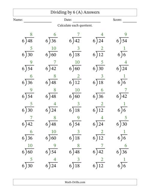 The Division Facts by a Fixed Divisor (6) and Quotients from 1 to 10 with Long Division Symbol/Bracket (50 questions) (All) Math Worksheet Page 2
