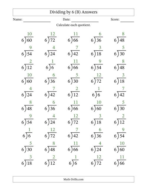 The Division Facts by a Fixed Divisor (6) and Quotients from 1 to 12 with Long Division Symbol/Bracket (50 questions) (B) Math Worksheet Page 2