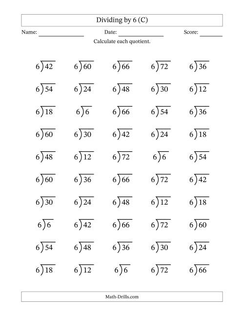 The Division Facts by a Fixed Divisor (6) and Quotients from 1 to 12 with Long Division Symbol/Bracket (50 questions) (C) Math Worksheet