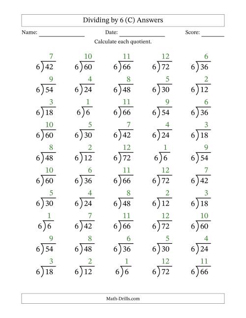 The Division Facts by a Fixed Divisor (6) and Quotients from 1 to 12 with Long Division Symbol/Bracket (50 questions) (C) Math Worksheet Page 2