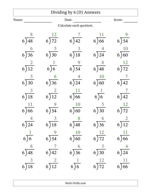 The Division Facts by a Fixed Divisor (6) and Quotients from 1 to 12 with Long Division Symbol/Bracket (50 questions) (D) Math Worksheet Page 2