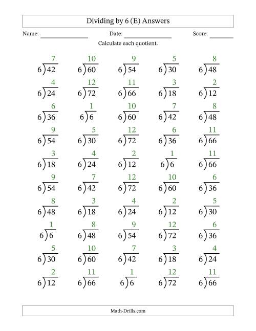 The Division Facts by a Fixed Divisor (6) and Quotients from 1 to 12 with Long Division Symbol/Bracket (50 questions) (E) Math Worksheet Page 2