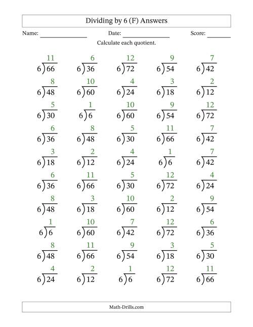The Division Facts by a Fixed Divisor (6) and Quotients from 1 to 12 with Long Division Symbol/Bracket (50 questions) (F) Math Worksheet Page 2