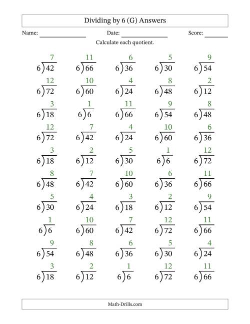 The Division Facts by a Fixed Divisor (6) and Quotients from 1 to 12 with Long Division Symbol/Bracket (50 questions) (G) Math Worksheet Page 2