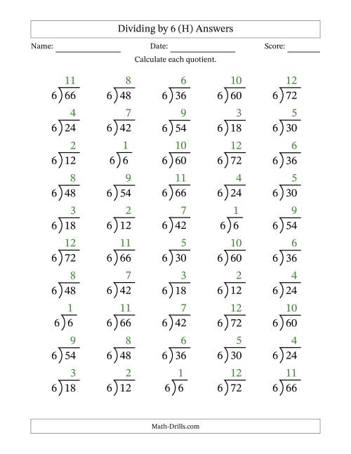 The Division Facts by a Fixed Divisor (6) and Quotients from 1 to 12 with Long Division Symbol/Bracket (50 questions) (H) Math Worksheet Page 2