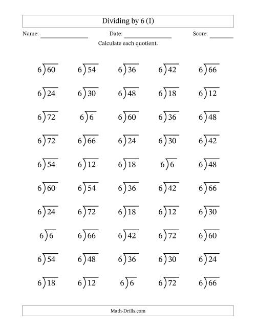 The Division Facts by a Fixed Divisor (6) and Quotients from 1 to 12 with Long Division Symbol/Bracket (50 questions) (I) Math Worksheet