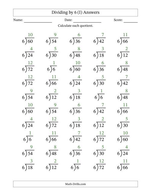 The Division Facts by a Fixed Divisor (6) and Quotients from 1 to 12 with Long Division Symbol/Bracket (50 questions) (I) Math Worksheet Page 2