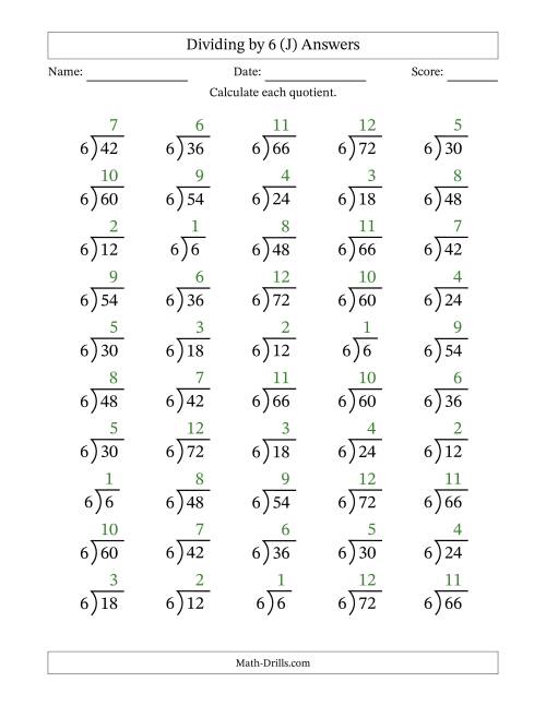 The Division Facts by a Fixed Divisor (6) and Quotients from 1 to 12 with Long Division Symbol/Bracket (50 questions) (J) Math Worksheet Page 2
