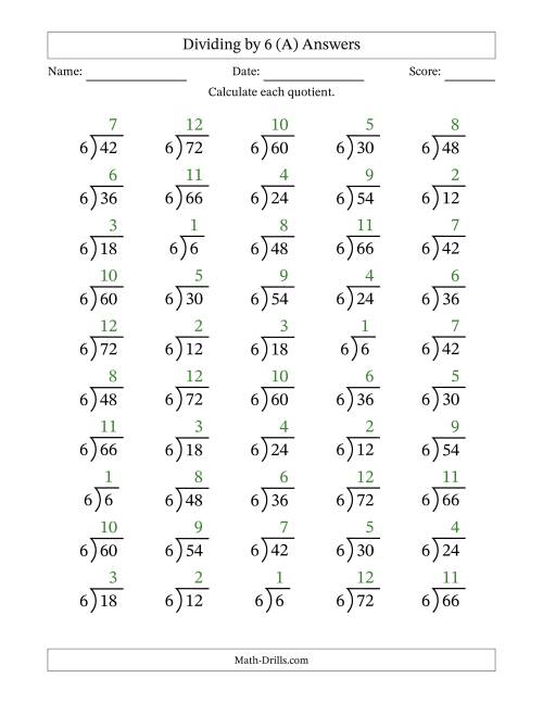The Division Facts by a Fixed Divisor (6) and Quotients from 1 to 12 with Long Division Symbol/Bracket (50 questions) (All) Math Worksheet Page 2
