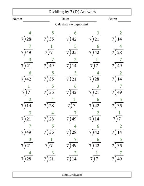 The Division Facts by a Fixed Divisor (7) and Quotients from 1 to 7 with Long Division Symbol/Bracket (50 questions) (D) Math Worksheet Page 2