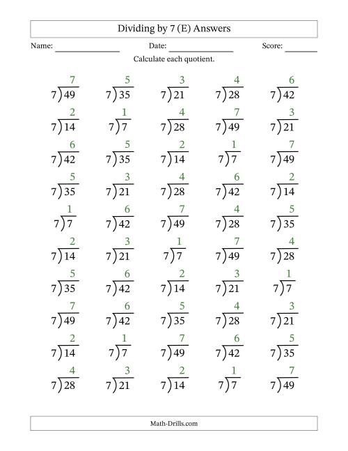 The Division Facts by a Fixed Divisor (7) and Quotients from 1 to 7 with Long Division Symbol/Bracket (50 questions) (E) Math Worksheet Page 2