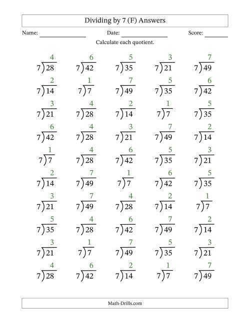 The Division Facts by a Fixed Divisor (7) and Quotients from 1 to 7 with Long Division Symbol/Bracket (50 questions) (F) Math Worksheet Page 2