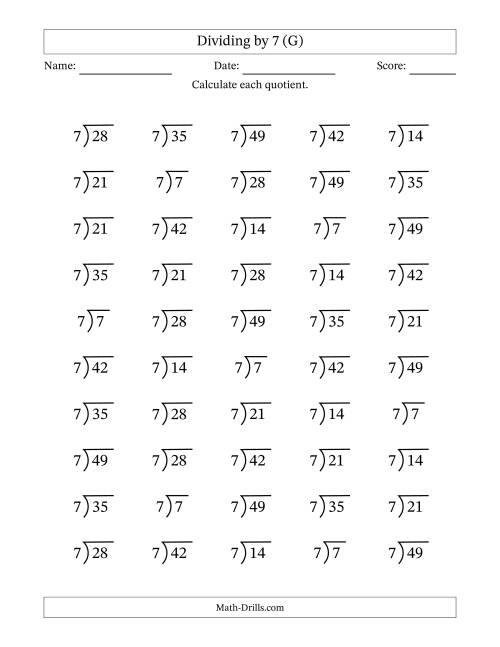 The Division Facts by a Fixed Divisor (7) and Quotients from 1 to 7 with Long Division Symbol/Bracket (50 questions) (G) Math Worksheet