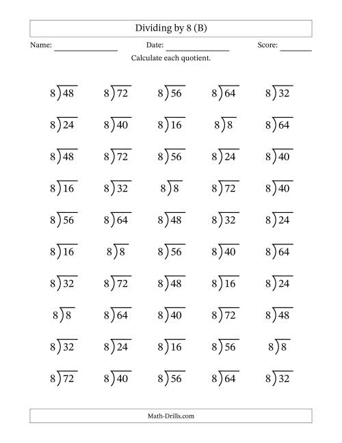 The Division Facts by a Fixed Divisor (8) and Quotients from 1 to 9 with Long Division Symbol/Bracket (50 questions) (B) Math Worksheet