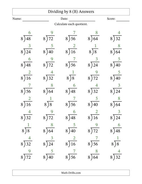 The Division Facts by a Fixed Divisor (8) and Quotients from 1 to 9 with Long Division Symbol/Bracket (50 questions) (B) Math Worksheet Page 2