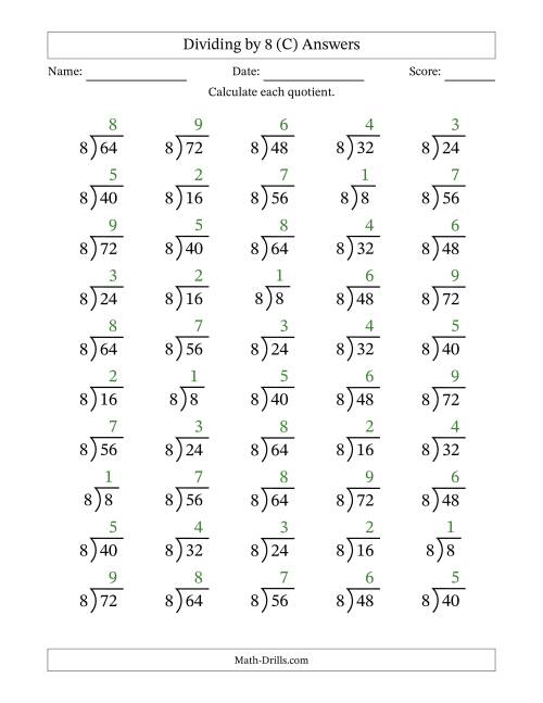 The Division Facts by a Fixed Divisor (8) and Quotients from 1 to 9 with Long Division Symbol/Bracket (50 questions) (C) Math Worksheet Page 2