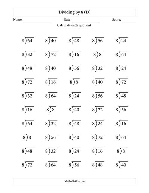 The Division Facts by a Fixed Divisor (8) and Quotients from 1 to 9 with Long Division Symbol/Bracket (50 questions) (D) Math Worksheet