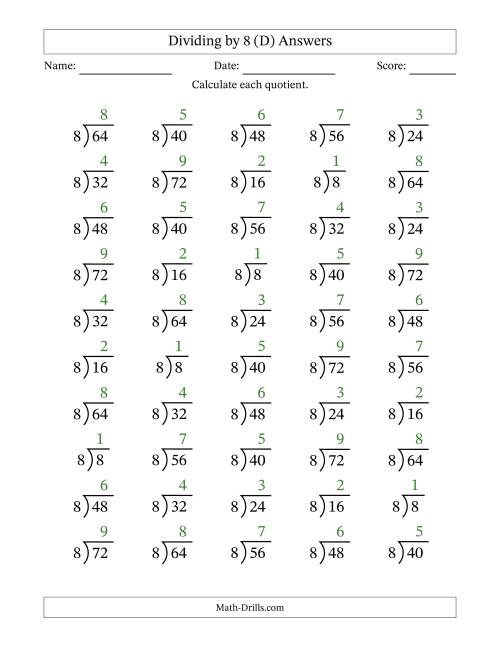 The Division Facts by a Fixed Divisor (8) and Quotients from 1 to 9 with Long Division Symbol/Bracket (50 questions) (D) Math Worksheet Page 2