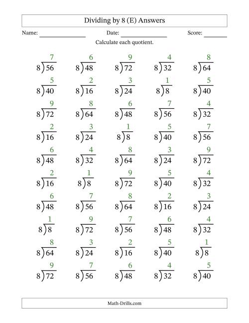 The Division Facts by a Fixed Divisor (8) and Quotients from 1 to 9 with Long Division Symbol/Bracket (50 questions) (E) Math Worksheet Page 2
