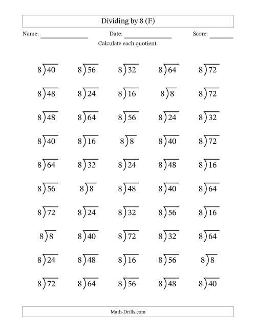 The Division Facts by a Fixed Divisor (8) and Quotients from 1 to 9 with Long Division Symbol/Bracket (50 questions) (F) Math Worksheet