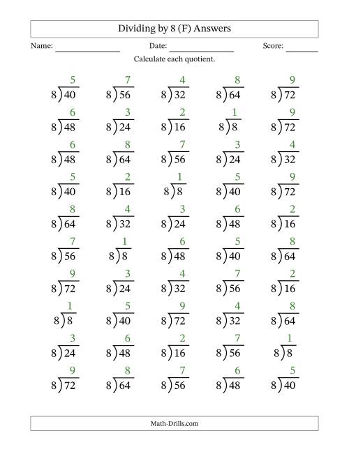 The Division Facts by a Fixed Divisor (8) and Quotients from 1 to 9 with Long Division Symbol/Bracket (50 questions) (F) Math Worksheet Page 2