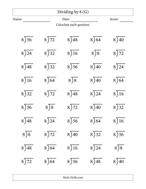 The Division Facts by a Fixed Divisor (8) and Quotients from 1 to 9 with Long Division Symbol/Bracket (50 questions) (G) Math Worksheet