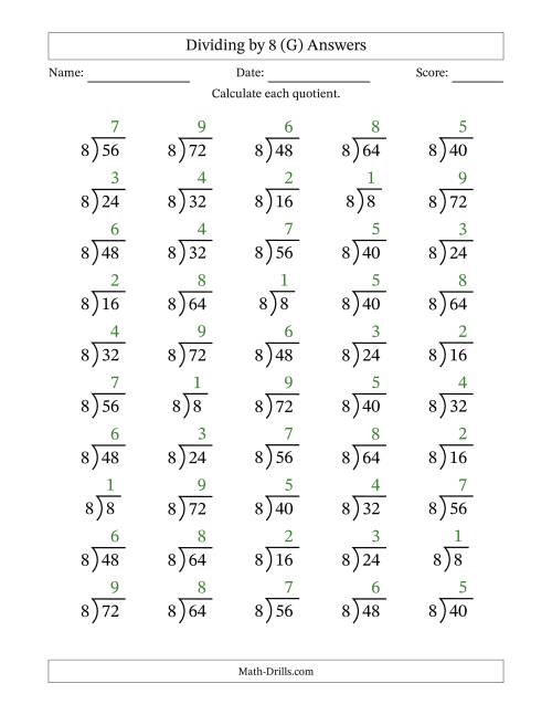 The Division Facts by a Fixed Divisor (8) and Quotients from 1 to 9 with Long Division Symbol/Bracket (50 questions) (G) Math Worksheet Page 2