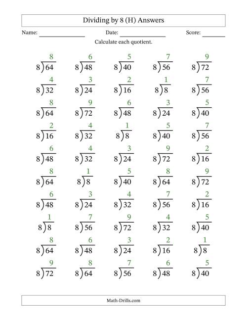 The Division Facts by a Fixed Divisor (8) and Quotients from 1 to 9 with Long Division Symbol/Bracket (50 questions) (H) Math Worksheet Page 2