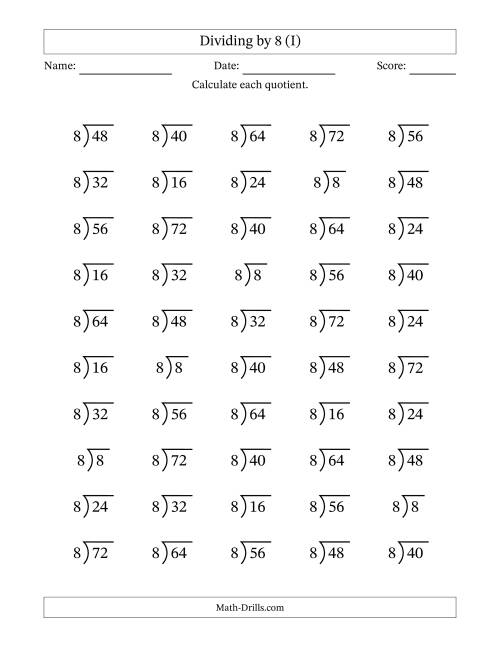 The Division Facts by a Fixed Divisor (8) and Quotients from 1 to 9 with Long Division Symbol/Bracket (50 questions) (I) Math Worksheet