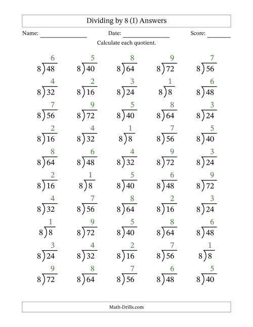 The Division Facts by a Fixed Divisor (8) and Quotients from 1 to 9 with Long Division Symbol/Bracket (50 questions) (I) Math Worksheet Page 2