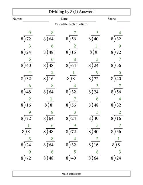 The Division Facts by a Fixed Divisor (8) and Quotients from 1 to 9 with Long Division Symbol/Bracket (50 questions) (J) Math Worksheet Page 2