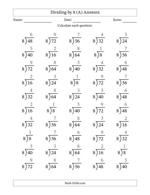 The Division Facts by a Fixed Divisor (8) and Quotients from 1 to 9 with Long Division Symbol/Bracket (50 questions) (All) Math Worksheet Page 2