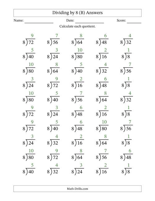 The Division Facts by a Fixed Divisor (8) and Quotients from 1 to 10 with Long Division Symbol/Bracket (50 questions) (B) Math Worksheet Page 2
