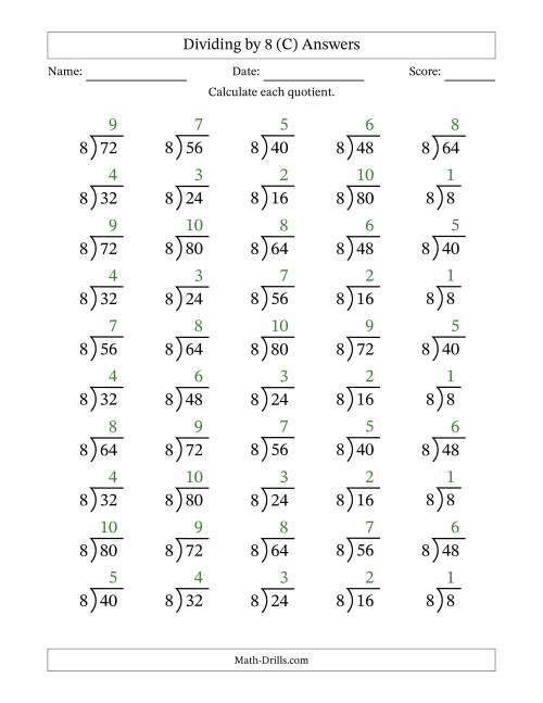 The Division Facts by a Fixed Divisor (8) and Quotients from 1 to 10 with Long Division Symbol/Bracket (50 questions) (C) Math Worksheet Page 2