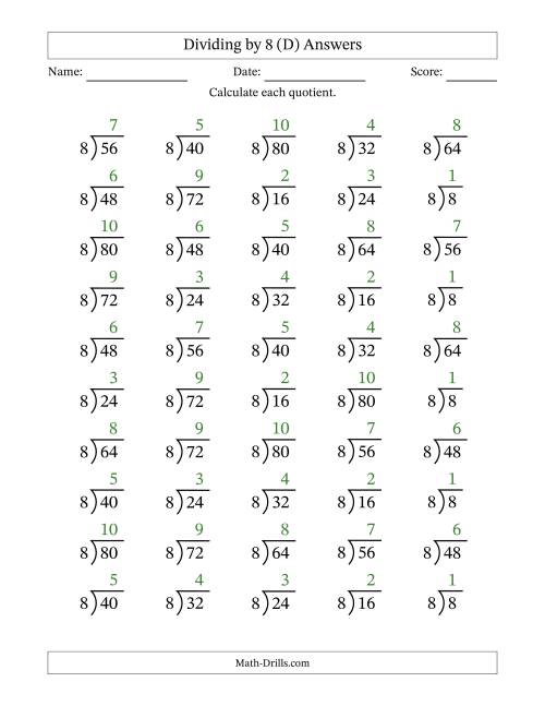 The Division Facts by a Fixed Divisor (8) and Quotients from 1 to 10 with Long Division Symbol/Bracket (50 questions) (D) Math Worksheet Page 2