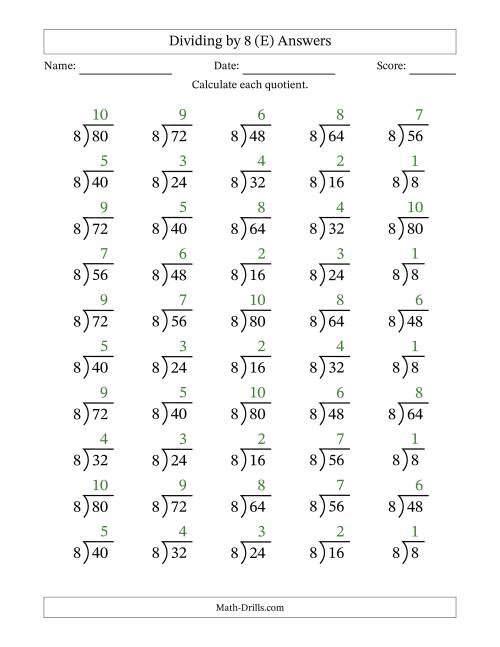 The Division Facts by a Fixed Divisor (8) and Quotients from 1 to 10 with Long Division Symbol/Bracket (50 questions) (E) Math Worksheet Page 2