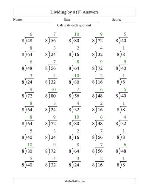 The Division Facts by a Fixed Divisor (8) and Quotients from 1 to 10 with Long Division Symbol/Bracket (50 questions) (F) Math Worksheet Page 2